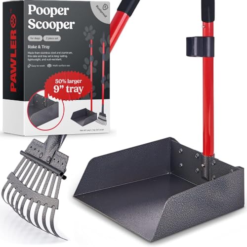 Pawler Pooper Scooper for Large Dogs | Long-Handle Rake &amp; Extra Large Tray Set
