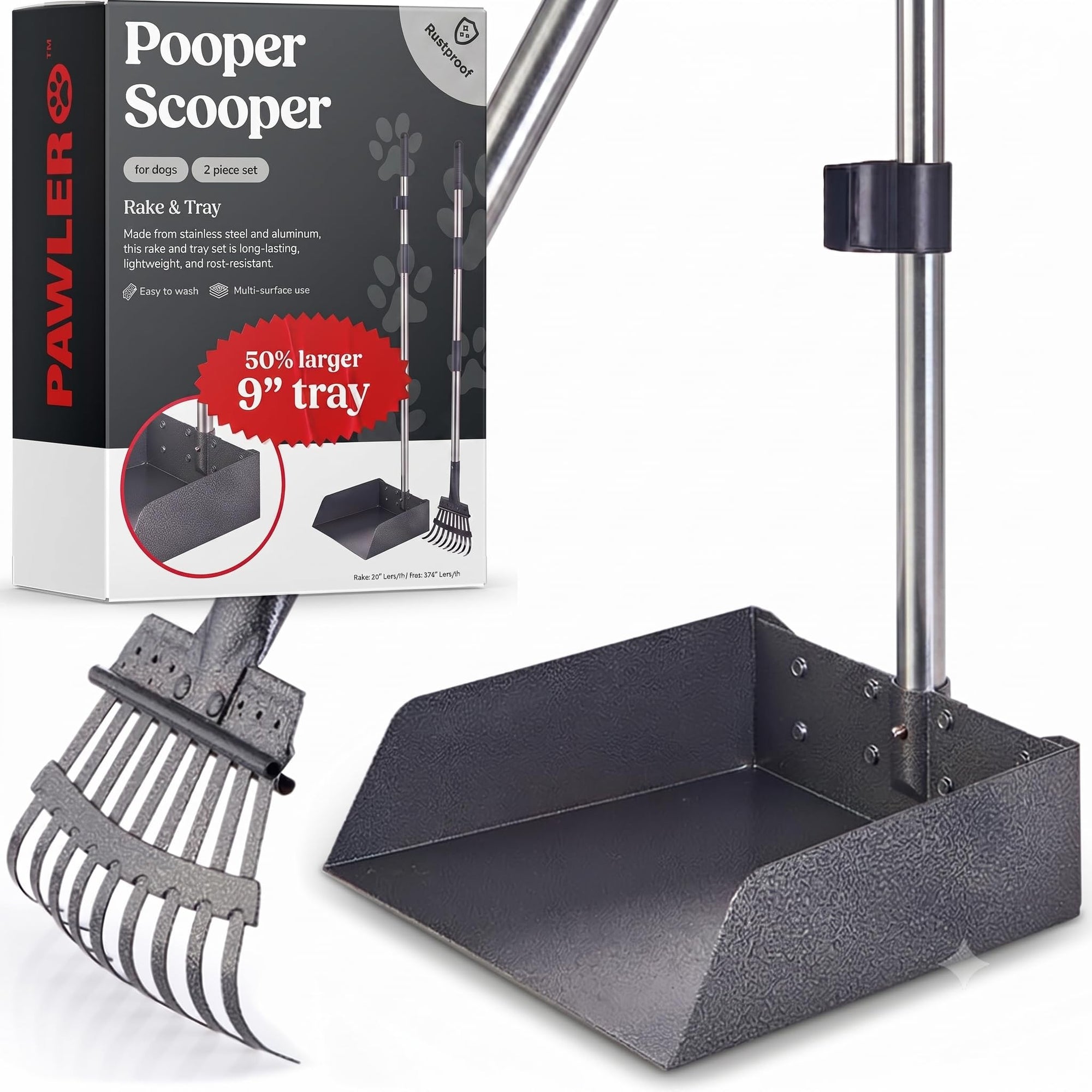 Pawler Pooper Scooper for Large Dogs | Long-Handle Rake &amp; Extra Large Tray Set