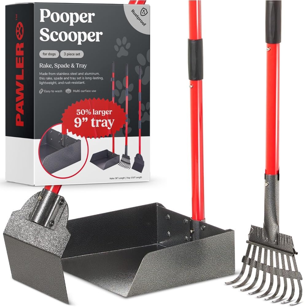 Pawler Pooper Scooper for Large Dogs | Long-Handle Rake, Spade &amp; Extra Large Tray Set