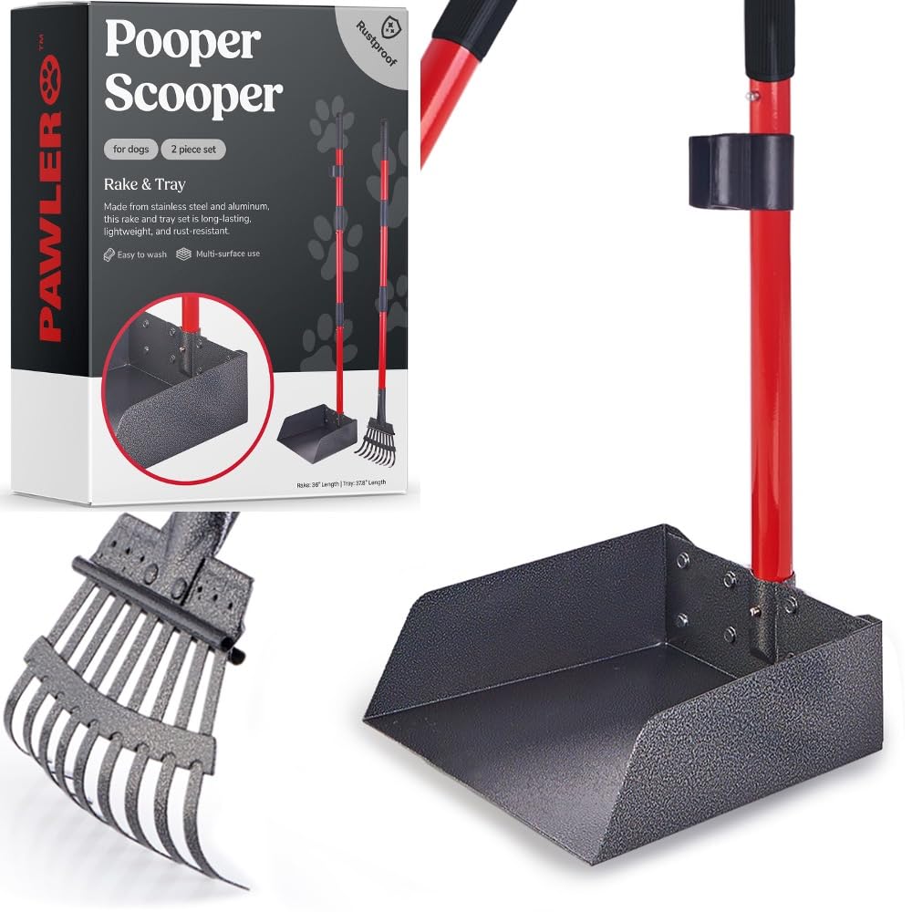 Pawler Pooper Scooper for Small Dogs | Long-Handle Rake &amp; Standard Tray Set